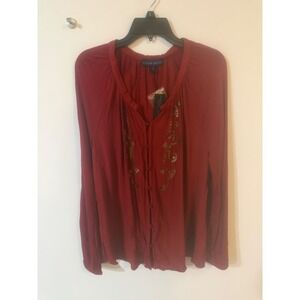 Code Bleu Womens Red Embroidered Button Front Blouse Long Sleeve Top Size M NWT
